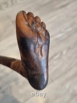 Antique Treen Rustic Walking Stick Hand Carved Human Foot Handle One Piece 86cm