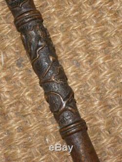 Antique Treen Walking Cane/Stick With hand Carved Oak Leaves & Acorn Design'MT