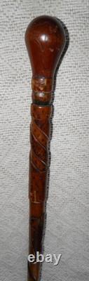 Antique Treen Walking Stick / Cane Entirely Hand Carved Shaft With Snake & Tiger