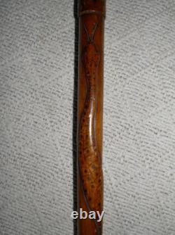 Antique Treen Walking Stick / Cane Entirely Hand Carved Shaft With Snake & Tiger