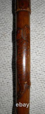 Antique Treen Walking Stick / Cane Entirely Hand Carved Shaft With Snake & Tiger