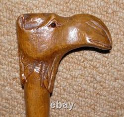 Antique Treen Walking Stick / Cane Hand-Carved Camel Head Top With Glass Eyes
