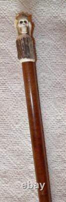 Antique Treen Walking Stick / Cane Hand-Carved Hand & Skull Antler Handle