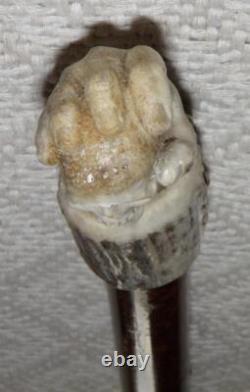 Antique Treen Walking Stick / Cane Hand-Carved Hand & Skull Antler Handle