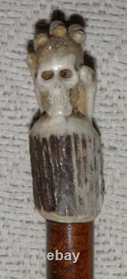 Antique Treen Walking Stick / Cane Hand-Carved Hand & Skull Antler Handle