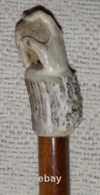 Antique Treen Walking Stick / Cane Hand-Carved Hand & Skull Antler Handle