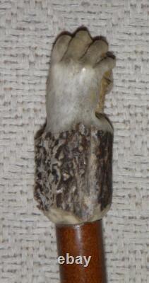 Antique Treen Walking Stick / Cane Hand-Carved Hand & Skull Antler Handle