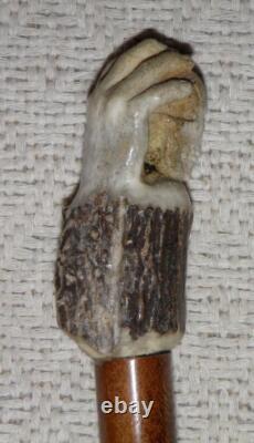 Antique Treen Walking Stick / Cane Hand-Carved Hand & Skull Antler Handle