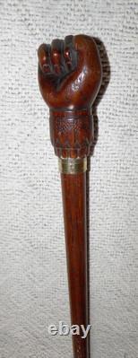 Antique Treen Walking Stick / Cane Hand-Carved Top With Fist & Brass Collar