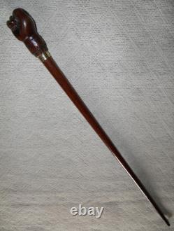 Antique Treen Walking Stick / Cane Hand-Carved Top With Fist & Brass Collar
