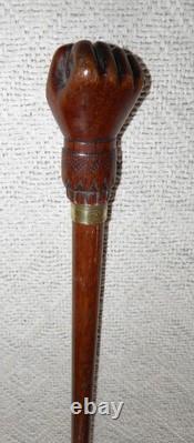 Antique Treen Walking Stick / Cane Hand-Carved Top With Fist & Brass Collar