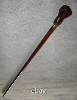 Antique Treen Walking Stick / Cane Hand-Carved Top With Fist & Brass Collar