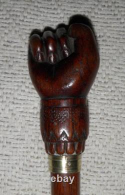 Antique Treen Walking Stick / Cane Hand-Carved Top With Fist & Brass Collar