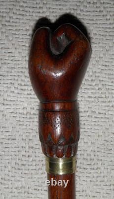 Antique Treen Walking Stick / Cane Hand-Carved Top With Fist & Brass Collar