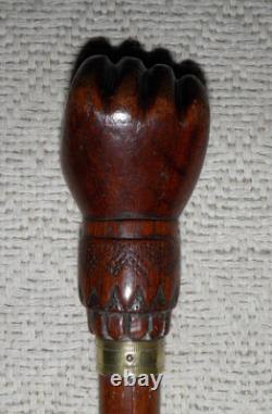 Antique Treen Walking Stick / Cane Hand-Carved Top With Fist & Brass Collar