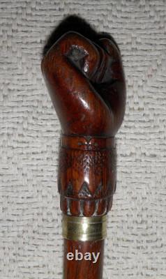 Antique Treen Walking Stick / Cane Hand-Carved Top With Fist & Brass Collar