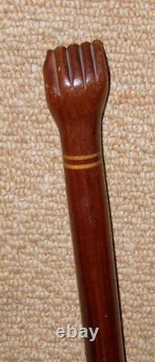 Antique Treen Walking Stick / Cane Hand-Carved Top With Fist Inlaid Wood Collar