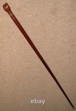 Antique Treen Walking Stick / Cane Hand-Carved Top With Fist Inlaid Wood Collar