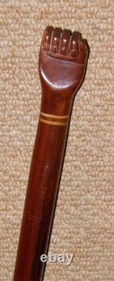 Antique Treen Walking Stick / Cane Hand-Carved Top With Fist Inlaid Wood Collar