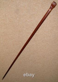 Antique Treen Walking Stick / Cane Hand-Carved Top With Fist Inlaid Wood Collar