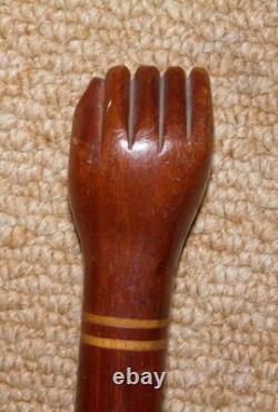 Antique Treen Walking Stick / Cane Hand-Carved Top With Fist Inlaid Wood Collar