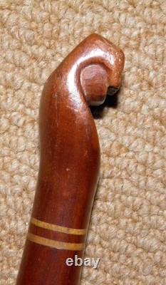 Antique Treen Walking Stick / Cane Hand-Carved Top With Fist Inlaid Wood Collar