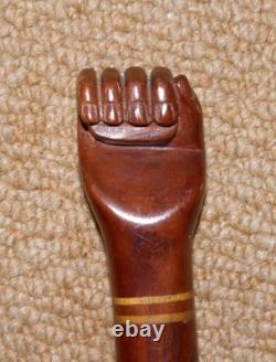 Antique Treen Walking Stick / Cane Hand-Carved Top With Fist Inlaid Wood Collar