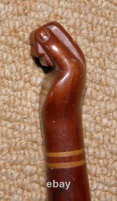 Antique Treen Walking Stick / Cane Hand-Carved Top With Fist Inlaid Wood Collar