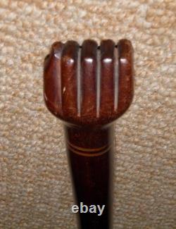 Antique Treen Walking Stick / Cane Hand-Carved Top With Fist Inlaid Wood Collar