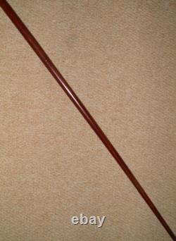 Antique Treen Walking Stick / Cane Hand-Carved Top With Fist Inlaid Wood Collar