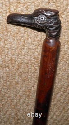 Antique Treen Walking Stick / Cane With Hand Carved Bird Head Top Glass Eyes Antique Treen Walking Stick / Cane With Hand Carved Bird Head Top Glass Eyes