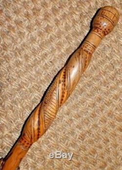 Antique Treen Walking Stick/Cane With Hand Carved Folk Art Snake Shaft