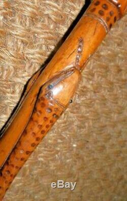 Antique Treen Walking Stick/Cane With Hand Carved Folk Art Snake Shaft