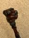 Antique Treen Walking Stick Entirely Hand-Carved Rottweiler Dog Head Glass Eyes