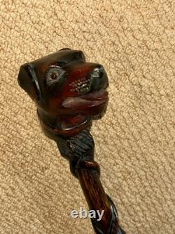 Antique Treen Walking Stick Entirely Hand-Carved Rottweiler Dog Head Glass Eyes