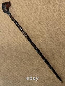Antique Treen Walking Stick Entirely Hand-Carved Rottweiler Dog Head Glass Eyes