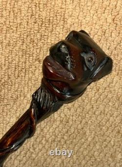 Antique Treen Walking Stick Entirely Hand-Carved Rottweiler Dog Head Glass Eyes