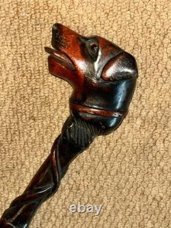 Antique Treen Walking Stick Entirely Hand-Carved Rottweiler Dog Head Glass Eyes