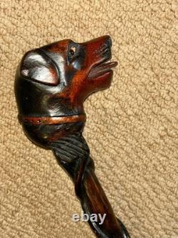 Antique Treen Walking Stick Entirely Hand-Carved Rottweiler Dog Head Glass Eyes