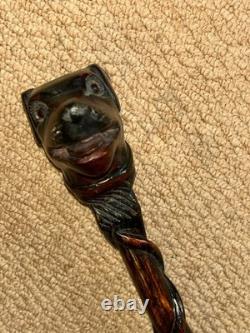 Antique Treen Walking Stick Entirely Hand-Carved Rottweiler Dog Head Glass Eyes