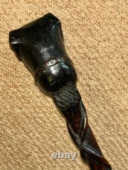 Antique Treen Walking Stick Entirely Hand-Carved Rottweiler Dog Head Glass Eyes