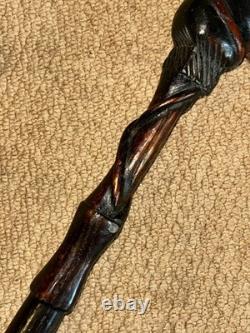 Antique Treen Walking Stick Entirely Hand-Carved Rottweiler Dog Head Glass Eyes