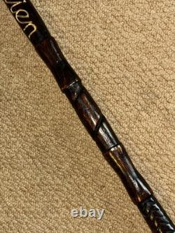 Antique Treen Walking Stick Entirely Hand-Carved Rottweiler Dog Head Glass Eyes