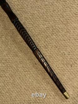 Antique Treen Walking Stick Entirely Hand-Carved Rottweiler Dog Head Glass Eyes