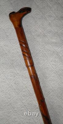 Antique Treen Walking Stick Hand-Carved Boot Top Jaguar / Snake Carved Shaft