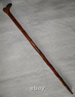 Antique Treen Walking Stick Hand-Carved Boot Top Jaguar / Snake Carved Shaft