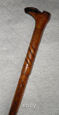 Antique Treen Walking Stick Hand-Carved Boot Top Jaguar / Snake Carved Shaft
