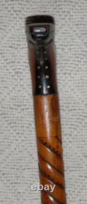 Antique Treen Walking Stick Hand-Carved Boot Top Jaguar / Snake Carved Shaft