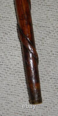 Antique Treen Walking Stick Hand-Carved Boot Top Jaguar / Snake Carved Shaft