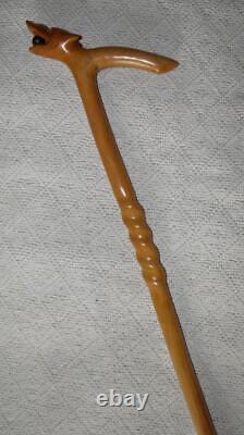 Antique Treen Walking Stick Hand-Carved Dog Head With Ball Handle Twist Shaft